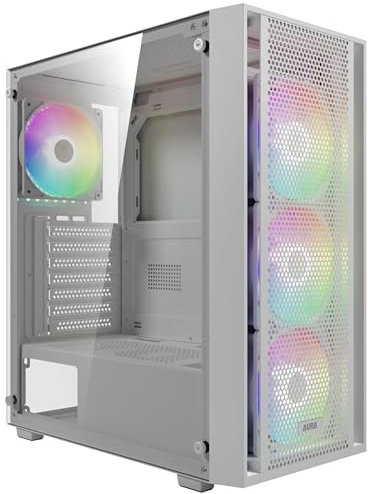 GAMDIAS AURA GC2 ELITE ARGB ATX Mid Tower PC Case, 4 x 120mm ARGB Fan, High Airflow Mesh Front Panel, Tool-Free Install Tempered Glass Side Panel, White