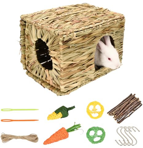 Grass House for Rabbits,Sangle Sopffy,Hand Woven Bunny Grass House,Rabbit Hideout,Natural Grass Hideaway for Bunny Guinea Pig Chinchilla Ferret Hamster Squirrel with Rabbit Chew Toys