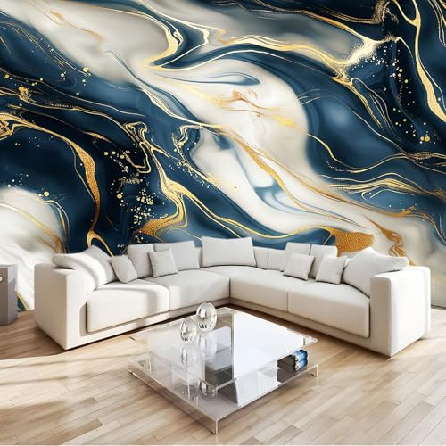 Bleu Marine 3D Papier Peint Panoramique Texture D'Or En Marbre Décoration Murale Enfant Pour Chambre, Salon & Bureau - Facile À Poser (Décoration Maison) 200 X 140 Cm