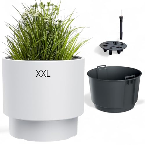 MELTOM Pflanzkübel mit Bewässerungssystem Ø 47,5 x H 44 cm Weiß | 68 L Gefäß · 30 L Innentopf · Bewässerungssystem mit Wasserspeicher & Wasserstandsanzeiger · Innen/Außen