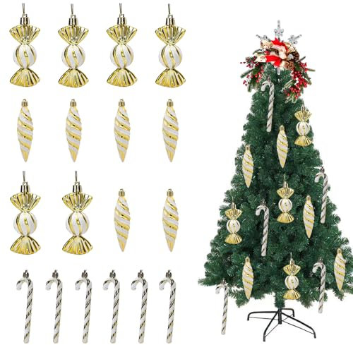 Addobbi per Albero di Natale,18 Pezzi Palline di Natale,Accessori Decorativi per L'Albero di Natale,Bastoncino di Zucchero Glitterato per la Decorazione Natalizia(Oro E Bianco)
