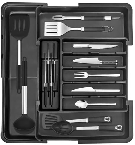 WwuHua Besteckkasten für Schubladen, Schubladeneinsatz Küche, Besteckeinsatz für Schubladen mit Expandierbarer mit Vier Seiten, Organizer Schublade Küche mit 2 Messerhaltern, Schwarz