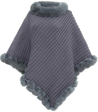 JFAN Ponchos Mujer Capas de Punto Invierno Cálido Elegante Chal con Cuello Redondo Capa de Piel Sintética Térmica para Otoño e Invierno Gris