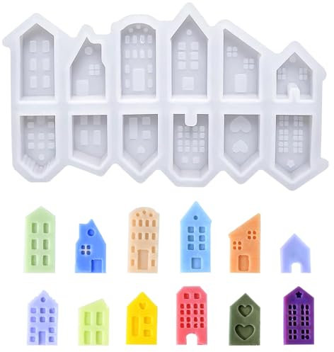 Silikonformen Gießformen Häuser, 12 Stück Silikonform Haus Weihnachten Mini Silikonform Häuser Kerzenformen zum Gießen Giessformen Silikon Gießform Kerzenhalter für DIY Handwerk Heimdekoration