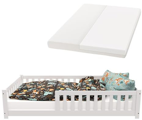 Juskys Kinderbett Naya - 120x200 cm Bett mit Matratze, Rausfallschutz & Lattenrost - Holz Bodenbett für Kinder 3-10 Jahre - Bettgestell Weiß