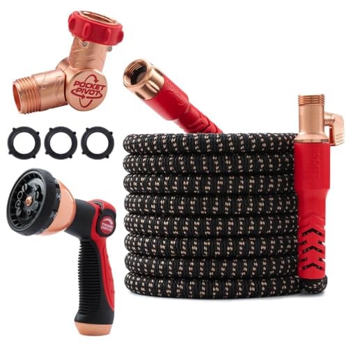 Pocket Hose Copper Head UV w/Pocket Pivot, Expandable Garden Hose 75 FT w/10 Pattern Thumb Sprayer AS-SEEN-ON-TV 650psi 3/4in Ultra-Light Solid Copper Anodized Aluminum Fittings No-Kink No-Lead