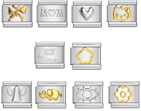 10 Mum Mom Heart Gold Butterfly Angel Cat Starter Bundle Charm Silver Italian 9mm Link Stainless Steel Bracelet Charm Compatible With Nomination 9mm Bracelet