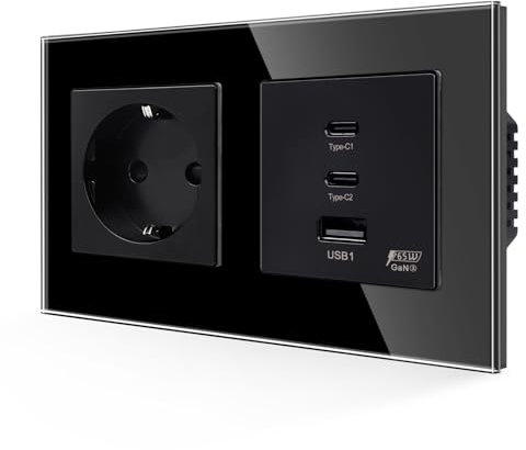 JIMEIDA Glas Steckdose mit USB C 65W Schnelles Laden Schwarz,Schuko Steckdosen mit 1-USB-A,2-Typ C Port,Unterputz 157mm,16Amp 250V