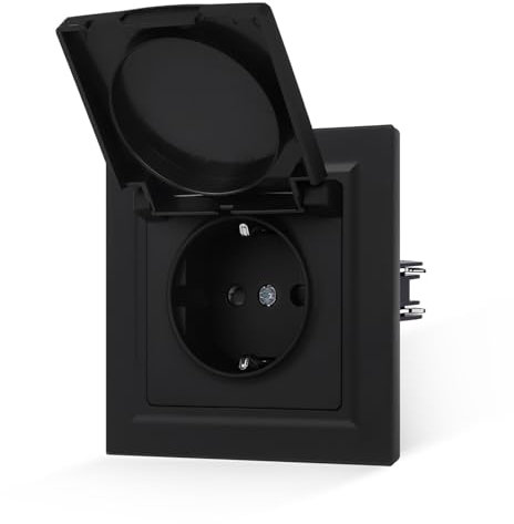 JIMEIDA Prise noire mate avec couvercle - Sensation de peau lisse - 1 compartiment avec borne enfichable 16 A - Prise Schuko - Prise murale - 84 x 84 mm - 250 V