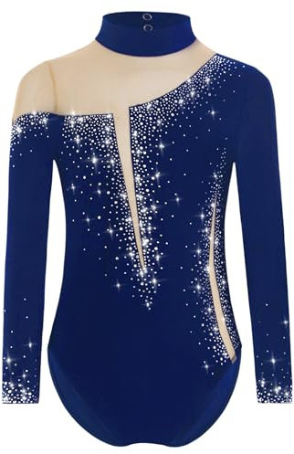 Yruioon Mädchen Turnanzug Glitzer Langarm Gymnastikanzug Strass Glänzend Eiskunstlauf Body Overall Sportbody Wettbewerb Tanzkostüm Navy blau 146-152