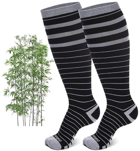 ZFSOCK Bas de Contention Grande Taille: Chaussettes de Contention en Bambou pour Femmes et Hommes 15-20 mmHg Gros Mollet Pour Grossesse Infirmière Voyage Sport Varices LXL Noir Rayé 1 Paire