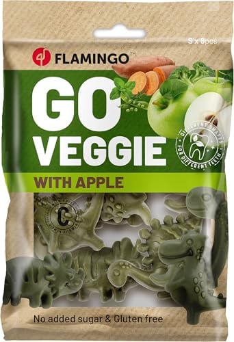 Flamingo Leckerli Hund – Veggie Dino mit Apfel groß – 120g – glutenfrei – kalorienarm – Zahnpflege Snack