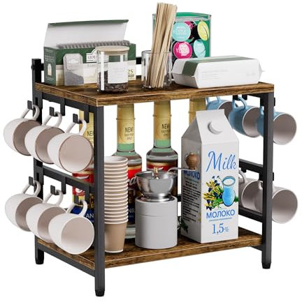 Aquzee Tassenregal, Kaffeestation Tassenständer, 12 Haken Tassenhalter Stehend Arbeitsplatte, 2-lagiges Tassenhalter Metall Holz Tassenständer für Arbeitsplatte, Küchenschrank Tassen Organizer