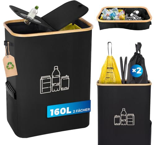 MidingChai 160L Gelber Sack Ständer + Pfandflaschen Sammelbehälter 2-in-1,Für 60L-120L Gelber Sack,Gelber Sack Mülleimer mit Deckel, Müllsystem für Küche & Haushalt - Schwarz