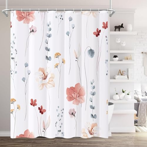 XZTXBest Fabric Shower Curtain, Coral Beige Floral Bath Curtain for Bathroom, Bath Shower Curtain, Modern Minimalist White Bathroom Curtain, Waterproof Fabric with 12 Hooks 180x180cm