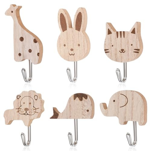 HJZHII 6 Stück Süße Tier Kleiderhaken, Selbstklebende Hölzerne Tier Cartoon Wandhaken Elefant Wal Katze Löwe Kaninchen Giraffe Garderobenhaken Kinder Für Schlafzimmer Badezimmer Küche
