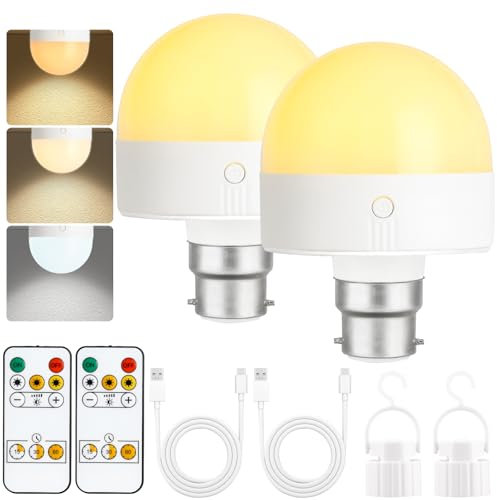 Psatfito Rechargeable Light Bulb with Timer and Remote, Dimmable Battery Light Bulbs with Magnetic Base, B22 Detachable Charging LED Bulb, Non Hardwired Lamps with 3 Color Temperatures, 2 Packs