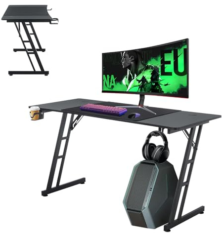 LZQ Mesa de gaming, 160 x 60 cm, mesa de ordenador para videojuegos con revestimiento de fibra de carbono, mesa de oficina con soporte para bebidas y gancho para auriculares para una experiencia de