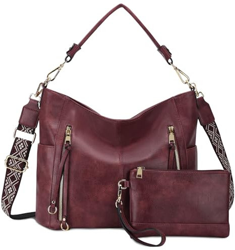 Chase Chic Handtasche Damen, Leder umhängetasche Shopper Hobo Taschen Geldbörse set Gross Schultertasche mit Abnehmbar Schulterriemen 2pcs Dunkelrot