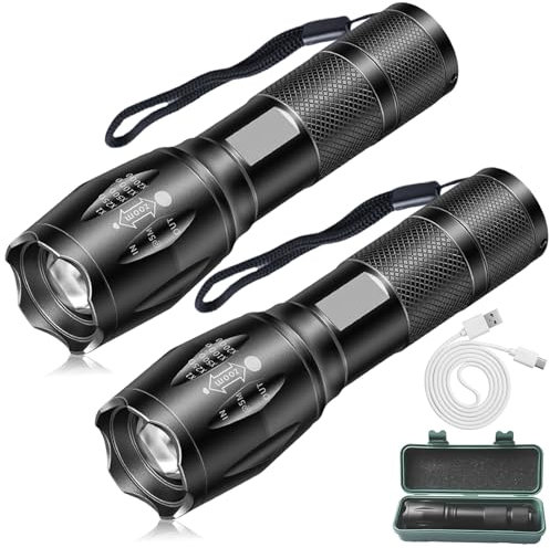 BAIFULAI Linterna Multifuncional 4-en-1: 2 Piezas Linterna LED Recargable Con Luz Roja, Verde, Azul, Blanca, Zoomable Y A Prueba De Agua Para Camping, Observación, Emergencias (Negro)