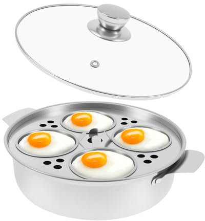 4 Cups Egg Poacher for Induction Hob, Stainless Steel Egg Poacher Pan with 4 Cup and Glass Lid for Kitchen Cooking