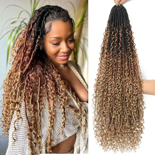 FALEMEI Boho Locs Crochet Hair 30 Inch Goddess Braids Crochet Hair for Black Women 8 Packs Boho Faux Locs With Curly Ends Pre Looped Bohemian (1B/30/27#, 30 Inch (Pack of 8))