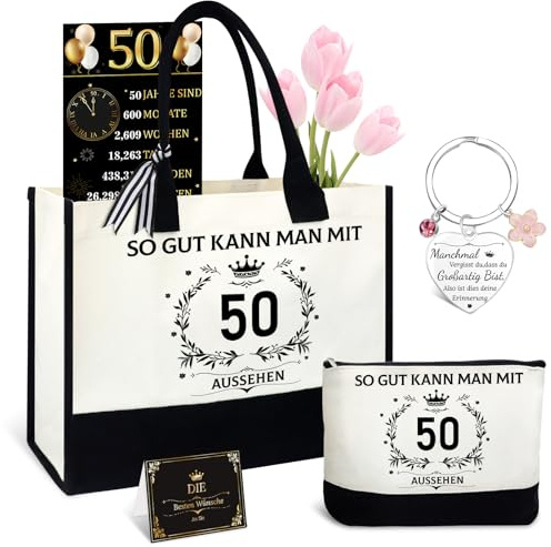 Shining She 50 Geburtstag Frau, 5tlg. Vintage 1976 Geschenkideen Set | Geschenke zum 50 Geburtstag Frau mit Canvas Tragetasche Kosmetiktasche Schlüsselanhänger für Mama Oma Kollegen Freundin