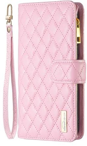Skyhewen for iPhone 17 Case, Zipper Flip Wallet Shockproof PU Leather Case for Women Girls with Zip Pocket Magnetic Clasp Viewing Kickstand Card Holder Cover for iPhone 17, Pink
