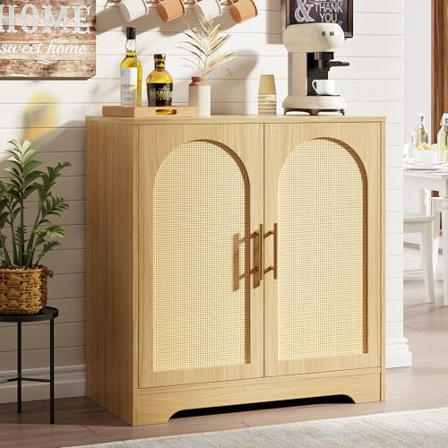 Garvee Buffet en Rotin, Meuble de Rangement Moderne Haut 76 cm avec 2 Portes, Console, Buffet d'appoint pour Salon, Salle à Manger, Entrée