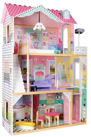 BAYAGU Casa delle Bambole in Legno Grande con Ascensore e Illuminazione, Villa a 3 Piani con Terrazza, Mobili e Accessori Inclusi, per Bambole fino 30 cm, Gioco di Ruolo Educativo, Regalo Bambini 3+