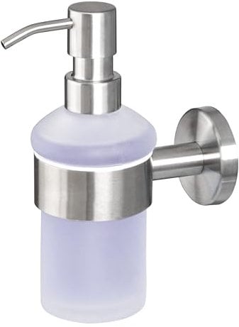 bremermann Bad-Serie Piazza - Seifenspender inkl. Wandhalterung, 200 ml Fassungsvermögen - nachfüllbarer Flüssigseifenspender, Soap Dispenser aus satiniertem Glas und Edelstahl, matt
