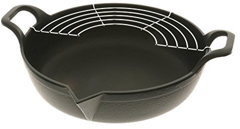 Iwachu Tempura- und Bratpfanne aus Gusseisen mit Drahtgestell, 2 Quart, schwarz
