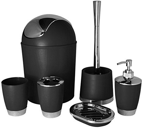 Bathlux Modern Design 6 Piece Bathroom Accessory Set, Toilet Brush, Waste Bin, Soap Dish, Tooth Brush Holder Soap Dispenser, Rinse Cup (Black)