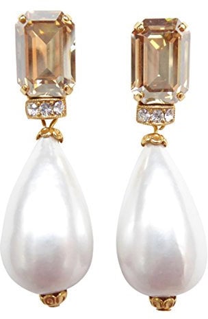 Sehr große Ohrstecker vergoldet Stein facettiert citrin-gelb Anhänger Perle weiß elegant Fest Party Braut Hochzeit Geburtstag Geschenk Designer JUSTWIN