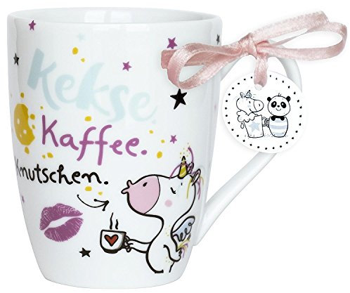 Hope und Gloria 45346 Einhorn-Tasse mit Spruch Kekse, Kaffee, Knutschen, Porzellan-Tasse, 40 cl, mit Geschenk-Anhänger, Weiß