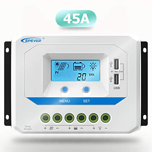 EPEVER 45 A Solar-Laderegler 12 V/24 V/36 V/48 V Auto Working PWM Solarpanel Laderegler mit LCD-Display und leistungsstarkem Dual-USB-Ausgang
