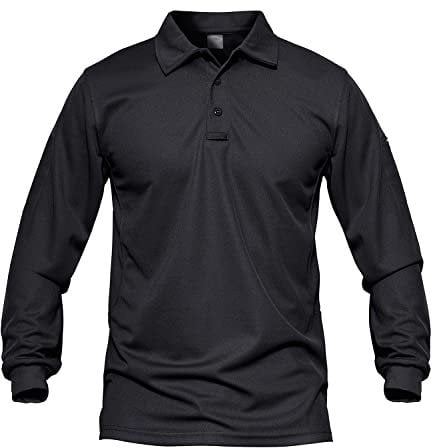 MAGCOMSEN Black Polo Shirt Men Long Sleeve Quick Dry Lightweight Combat Shirt Breathable Outdoor Shirt with Buttons, L