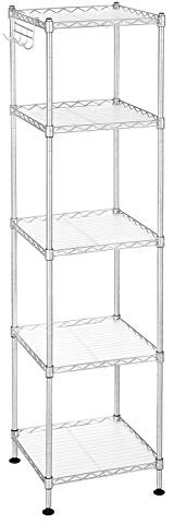 SONGMICS Estantería Baño, Estantería Metal, Carga Total de 100 kg, 5 Hojas de PP, Ganchos Desmontables, 30 x 30 x 123,5 cm, Diseño Expandible, para Espacio Pequeño, Plata y Traslúcido LGR023S01