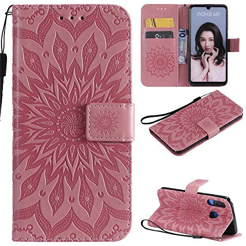 CHcase Cover per Huawei P30 Lite Custodia di Pelle Case Flip Portafoglio Retro Libretto Magnetico Protettiva Non Graffi con Funzione Supporto Bumper Fiore Girasole per Huawei P30 Lite -Rosa