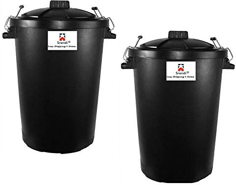 Srendi® 2 x 85Litre Black Plastic Bin Heavy Duty Refuse Bin With Lockable Lid Ideal for Outdoor/Rubbish/Waste/Dustbin/Animal Feed
