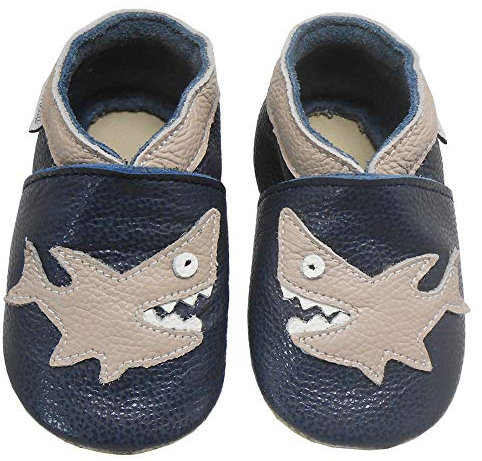 Bemesu Krabbelschuhe Baby Lauflernschuhe Jungen Mädchen Weiche Leder Lederpuschen Hausschuhe kleinkind Barfußschuhe Baby Sockenschuhe Babyschuhe Schwarz Hai (XL, 18-24 M, EU 23/24)