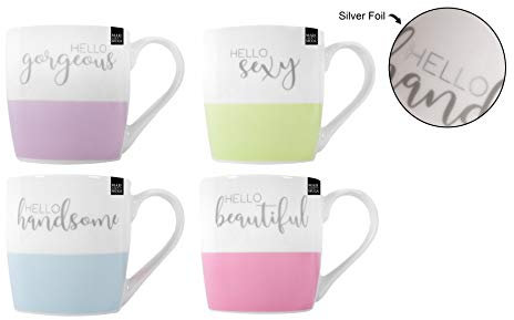 His and Hers China Mugs with Silver Foiling Script - Couple Mugs - Pack of 4