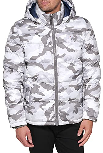 Tommy Hilfiger Men's Classic Hooded Puffer Jacket Down Alternative Coat, White Camouflage, XXXXL Tall