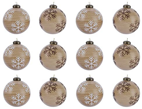 Weihnachtskugeln Glas 8cm x 12 Stück Schneeflocken Motiv Christbaumkugeln Holz braun weiß