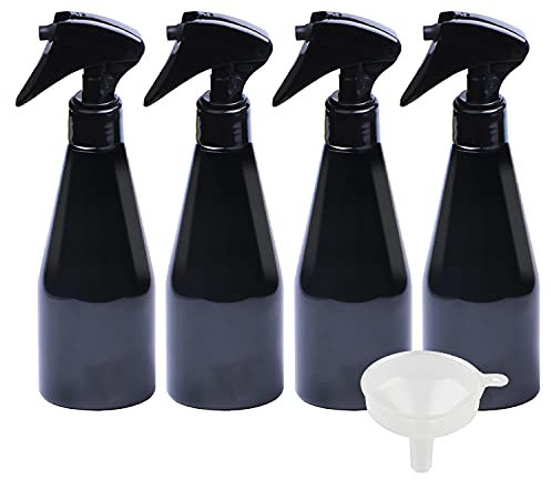 ZEOABSY 4 Piezas 250ml Spray de Plástico Negro Botella de Spray Vacía con Trigger Pulverizador Negro de Niebla Fina Atomizador para Perfume Aromaterapia Agua Líquidos, 1 Pieza Embudo