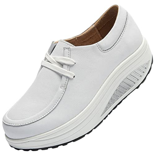 rismart Cuero Plataforma Zapatillas Balancin Mujer Cómodo Casual Caminar Zapato