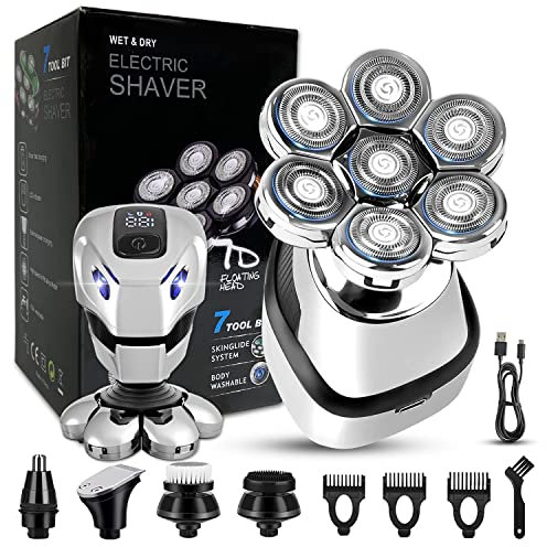 Thnkstaps Rasierer Herren Elektrisch, Wasserdicht 5 in 1 Rasierer, LED Display Rasierapparat mit Präzisions Bartschneider, Nasenhaartrimmer, Gesichtsbürste und Haarschneider (Silver)
