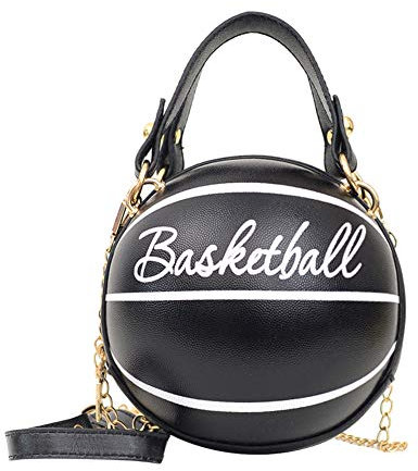 Runde Basketball-förmige Umhängetasche für Damen, Fußball-Tragetaschen, Kette, Umhängetasche, lässiger Reißverschluss, Mini-PU-Handtasche für Mädchen, Basketball, Schwarz, 170X160X160mm/6.69X6.3X6.3in