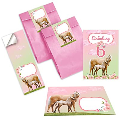Junapack 12 Einladungskarten zum 6. Kindergeburtstag sechste Geburtstag Mädchen Pferd mit Fohlen mit Einhorn incl. 12 Umschläge, 12 Tüten/rosa, 12 Aufkleber