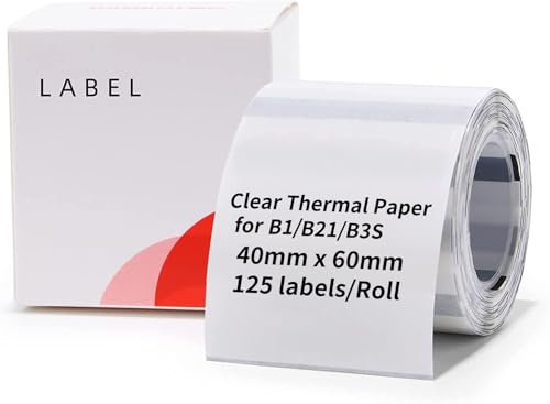 NIIMBOT Cinta para etiquetar, 40 x 60 mm, papel adhesivo impermeable, repuesto para etiquetas adhesivas de direcciones de envío con autoadhesivo para B21 y B3S, 1 rollo de 125 (transparente)